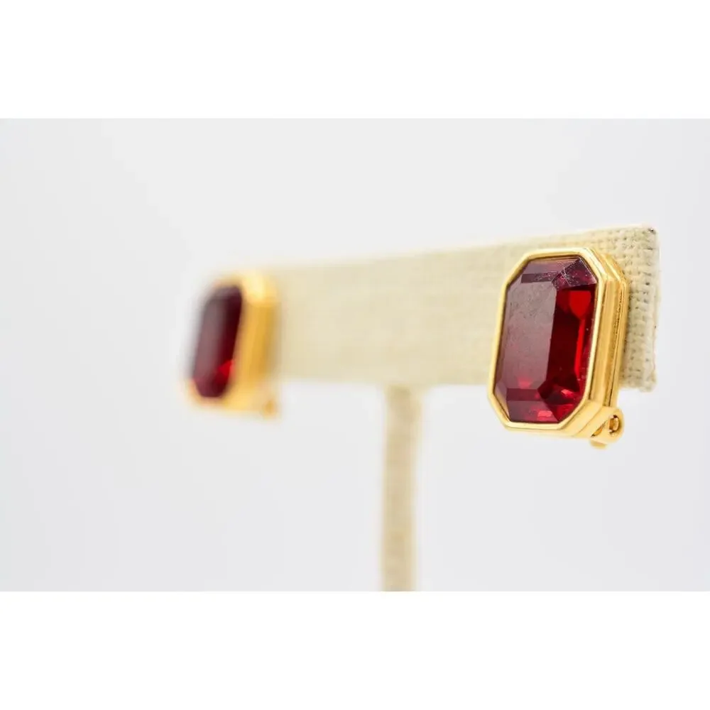 Givenchy Vintage Crystal Clip On Earrings Red Baguette Rhinestone Signed BinAG - Picture 2 of 12